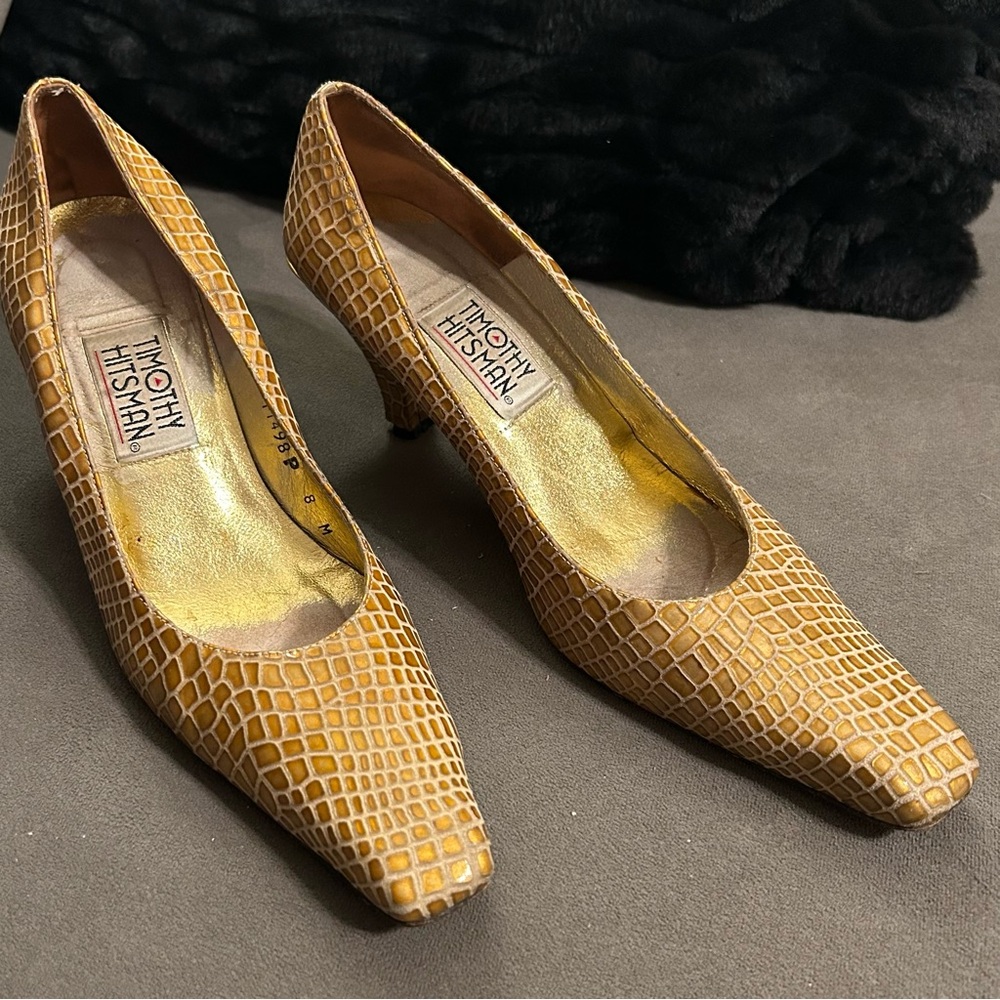 Vintage Timothy Hitsman Womens 8M Pumps Gold Leather Faux Snake Skin see desc